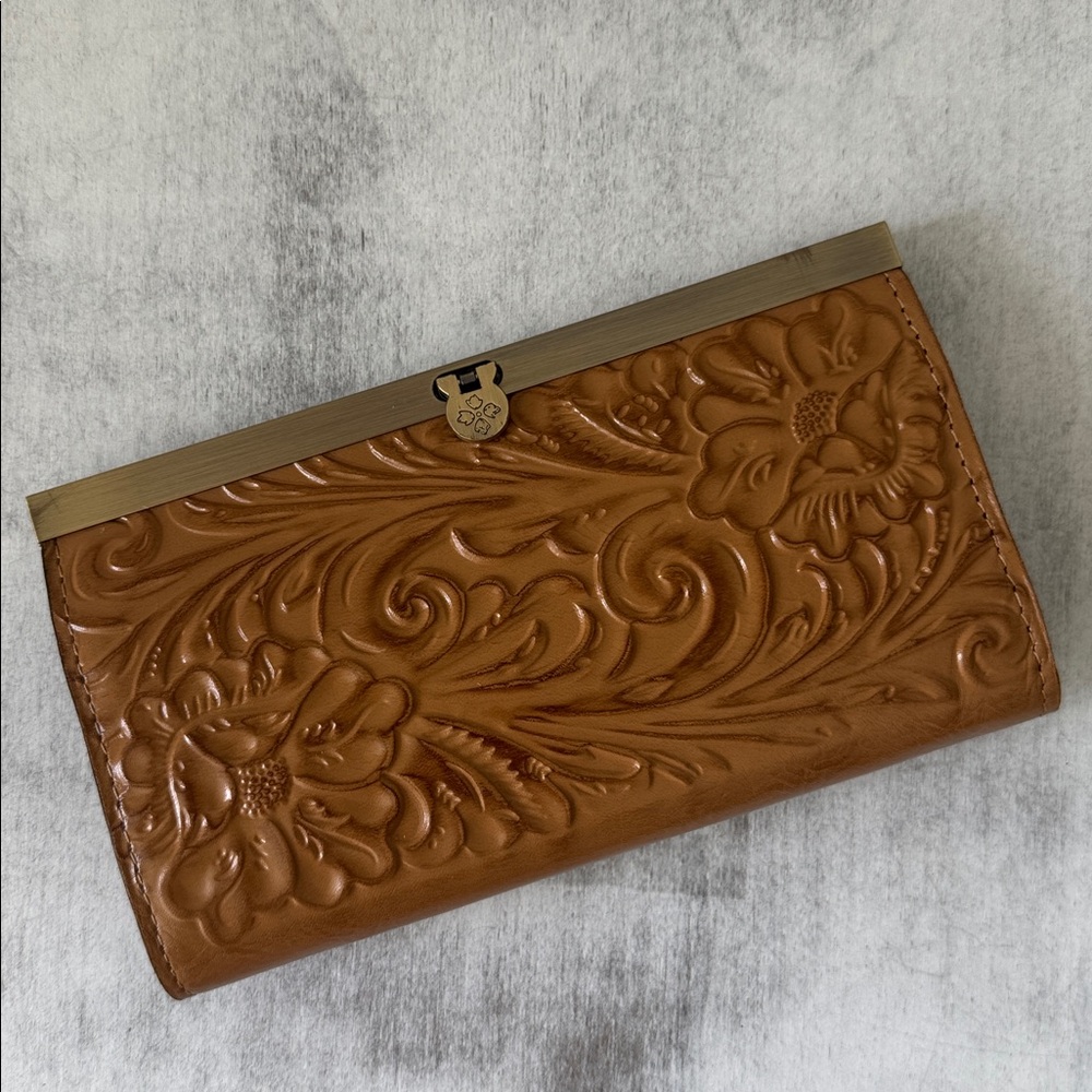 Patricia Nash Cauchy Leather Frame Wallet Tooled Biscuit RFID Protection